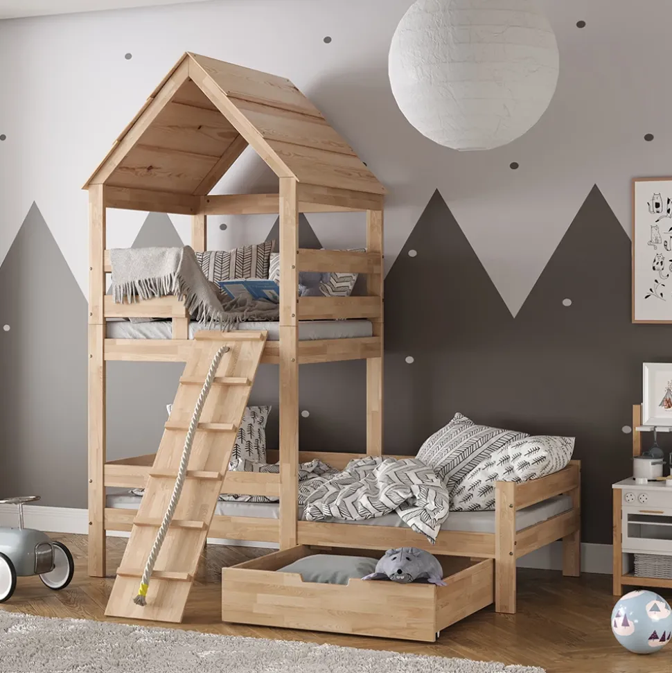 Hausbett Teddy Naturholz 90x200 cm mit Schublade Vitalispa