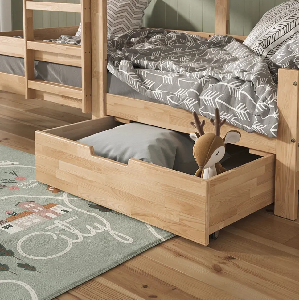 Hausbett Teddy Naturholz 90x200 cm mit Schublade Vitalispa