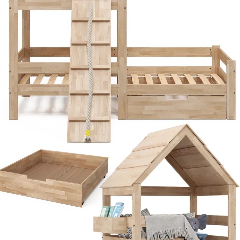 Hausbett Teddy Naturholz 90x200 cm mit Schublade Vitalispa