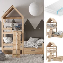 Hausbett Teddy Naturholz 90x200 cm mit Matratze und Schublade Vitalispa