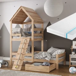 Hausbett Teddy Naturholz 90x200 cm mit Matratze und Schublade Vitalispa