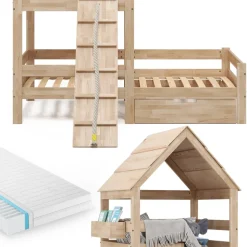 Hausbett Teddy Naturholz 90x200 cm mit Matratze und Schublade Vitalispa