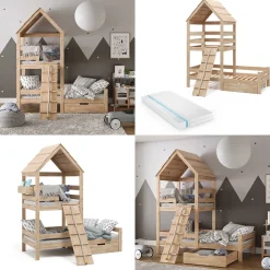 Hausbett Teddy Naturholz 90x200 cm mit Matratze und Schublade Vitalispa