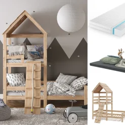 Hausbett Teddy Naturholz 90x200 cm mit 2 Matratzen Vitalispa