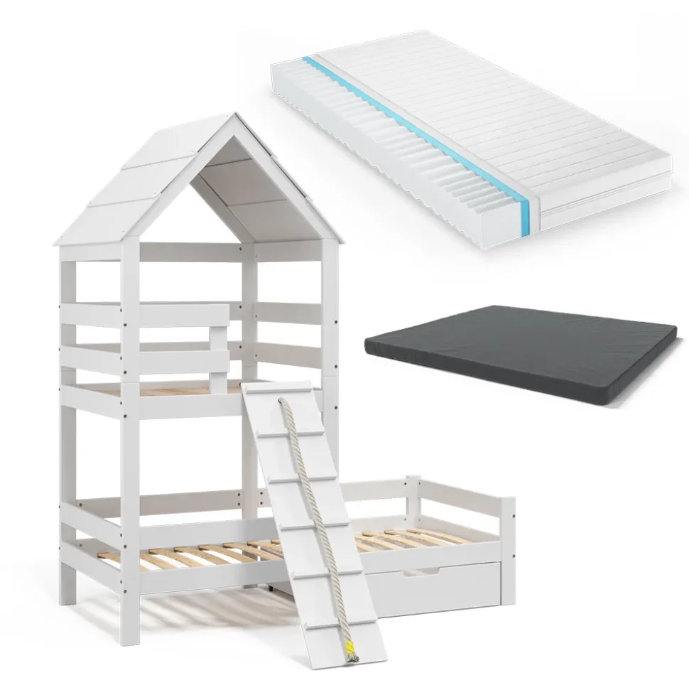 Hausbett Teddy Weiß 90x200 cm mit 2 Matratzen und Schublade Vitalispa