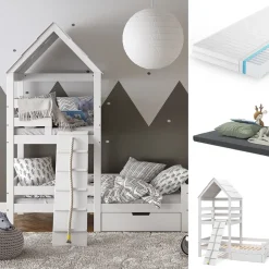 Hausbett Teddy Weiß 90x200 cm mit 2 Matratzen und Schublade Vitalispa