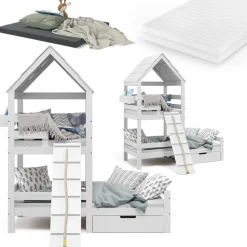 Hausbett Teddy Weiß 90x200 cm mit 2 Matratzen und Schublade Vitalispa