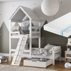 Hausbett Teddy Weiß 90x200 cm mit Matratze und Schublade Vitalispa