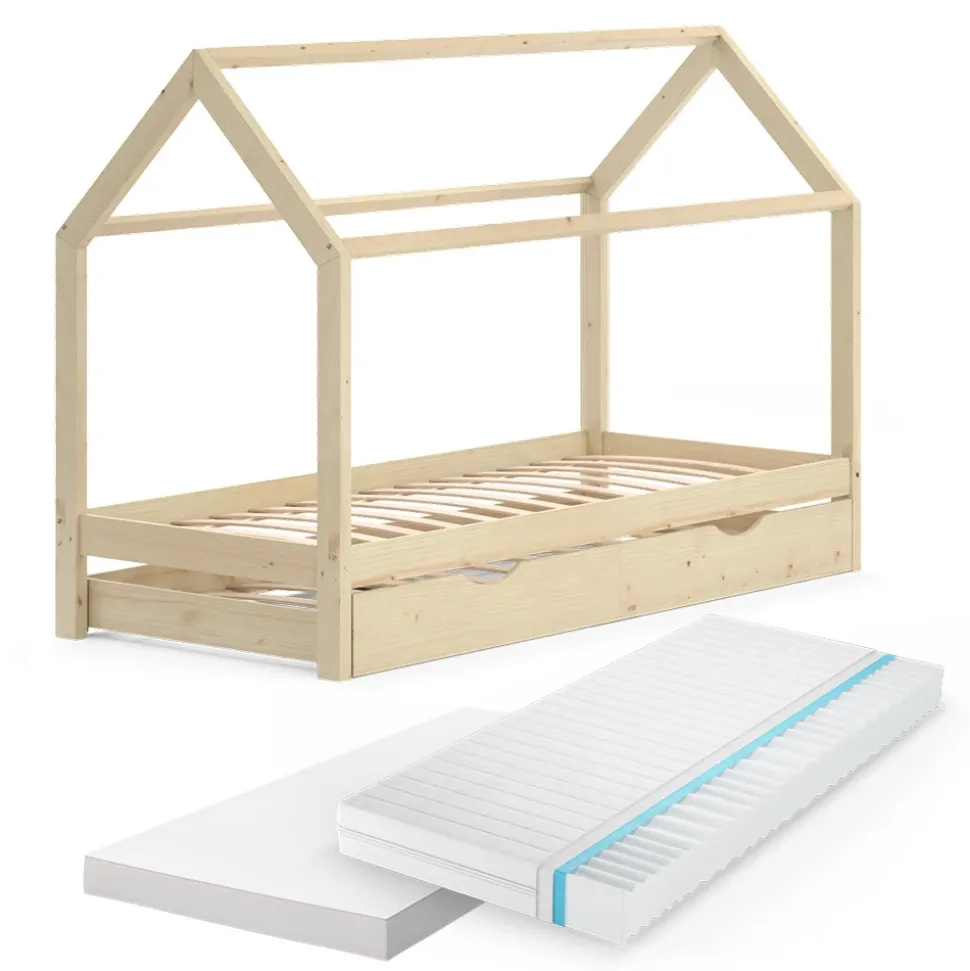 Hausbett Wiki Naturholz 90x200 cm mit Gästebett und 2 Matratzen Vitalispa