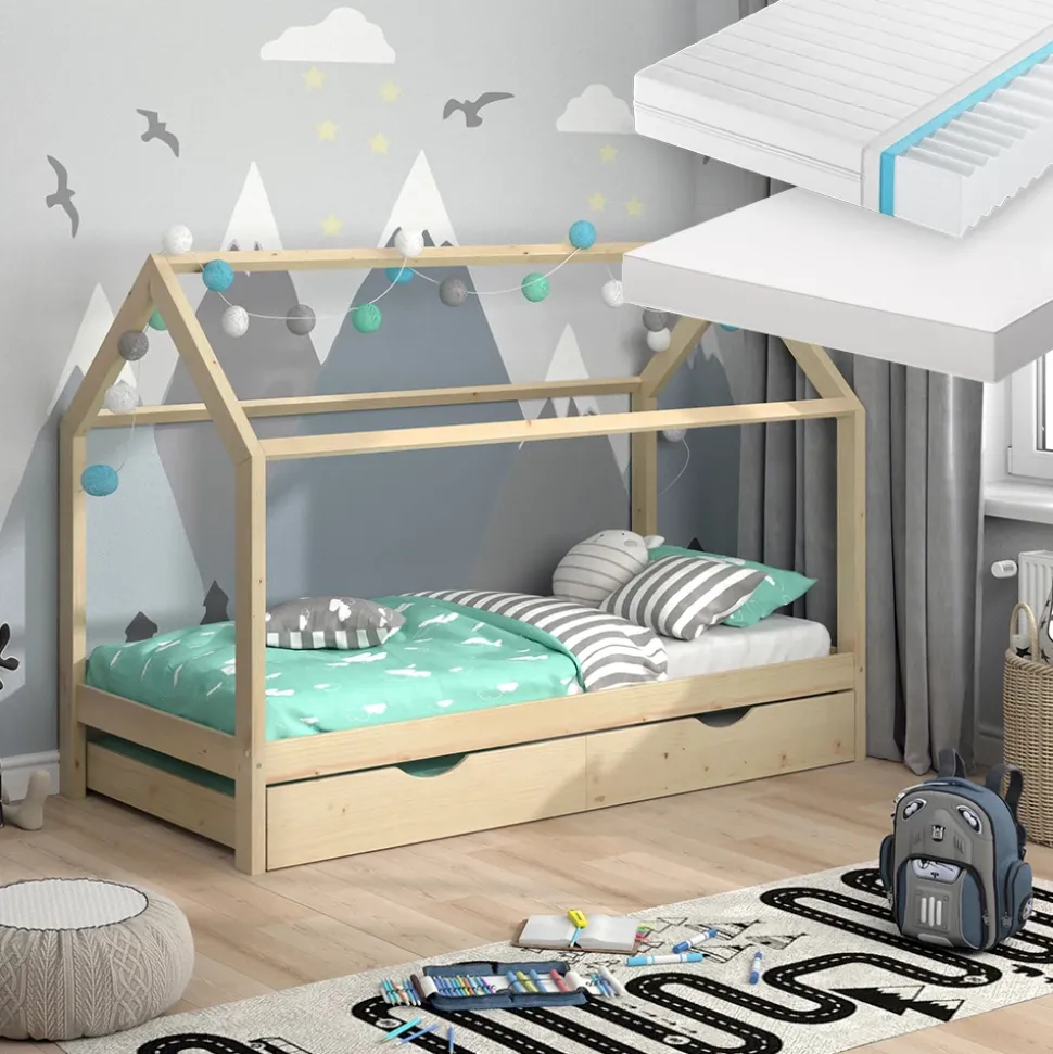 Hausbett Wiki Naturholz 90x200 cm mit Gästebett und 2 Matratzen Vitalispa