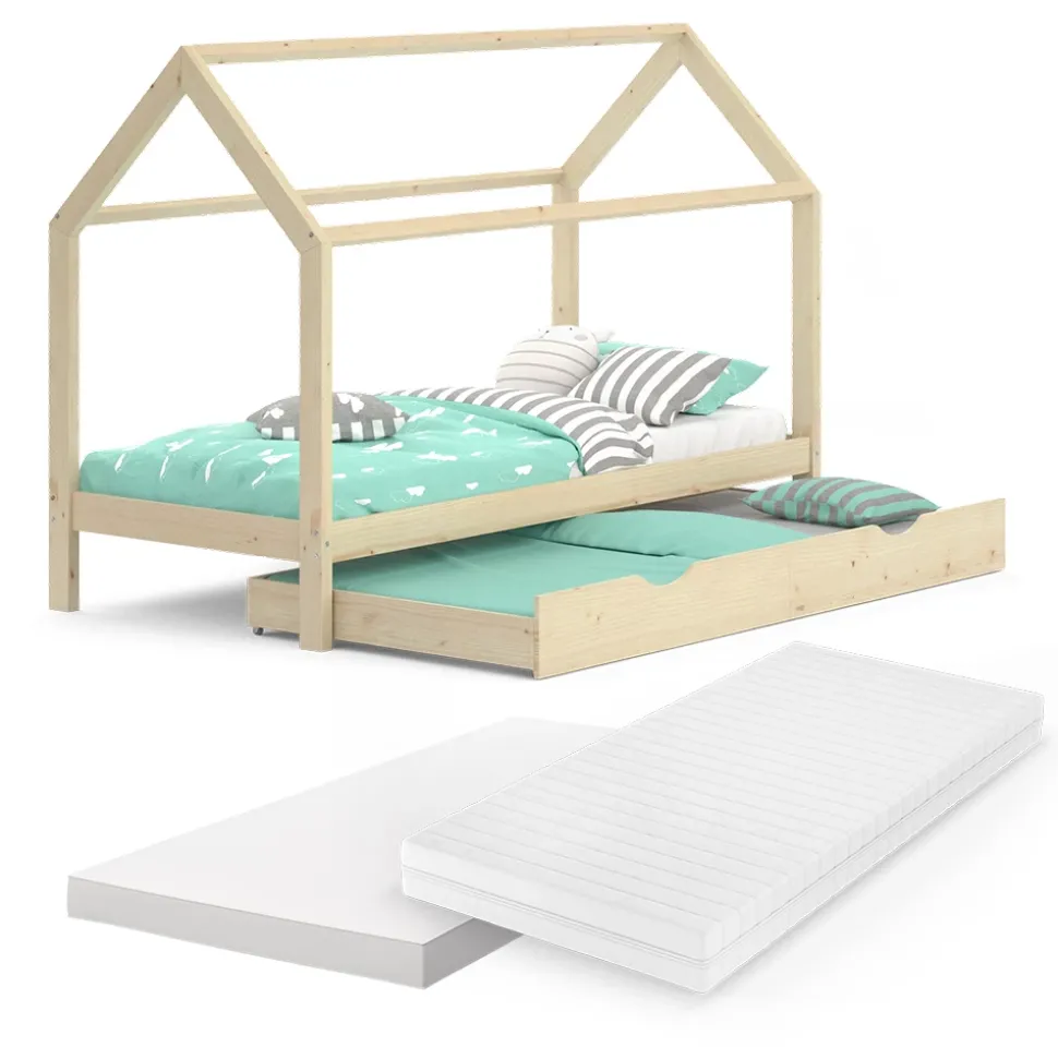 Hausbett Wiki Naturholz 90x200 cm mit Gästebett und 2 Matratzen Vitalispa