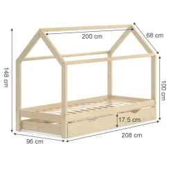 Hausbett Wiki Naturholz 90x200 cm mit Gästebett und Matratze Vitalispa