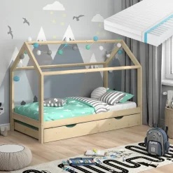 Hausbett Wiki Naturholz 90x200 cm mit Gästebett und Matratze Vitalispa