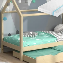 Hausbett Wiki Naturholz 90x200 cm mit Gästebett und Matratze Vitalispa