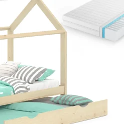 Hausbett Wiki Naturholz 90x200 cm mit Gästebett und Matratze Vitalispa