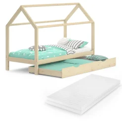 Hausbett Wiki Naturholz 90x200 cm mit Gästebett und Matratze Vitalispa