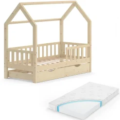 Hausbett Wiki Naturholz 80x160 cm mit Gästebett und Matratze Vitalispa