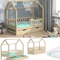 Hausbett Wiki Naturholz 80x160 cm mit Gästebett und Matratze Vitalispa
