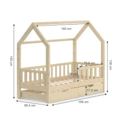 Hausbett Wiki Naturholz 80x160 cm mit Gästebett und Matratze Vitalispa