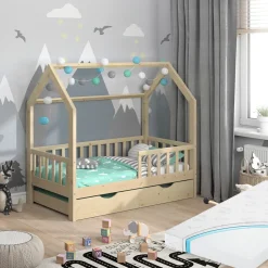 Hausbett Wiki Naturholz 80x160 cm mit Gästebett und Matratze Vitalispa