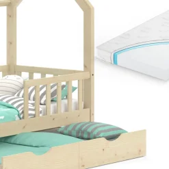 Hausbett Wiki Naturholz 80x160 cm mit Gästebett und Matratze Vitalispa