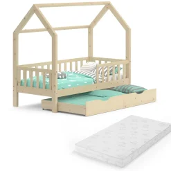 Hausbett Wiki Naturholz 80x160 cm mit Gästebett und Matratze Vitalispa