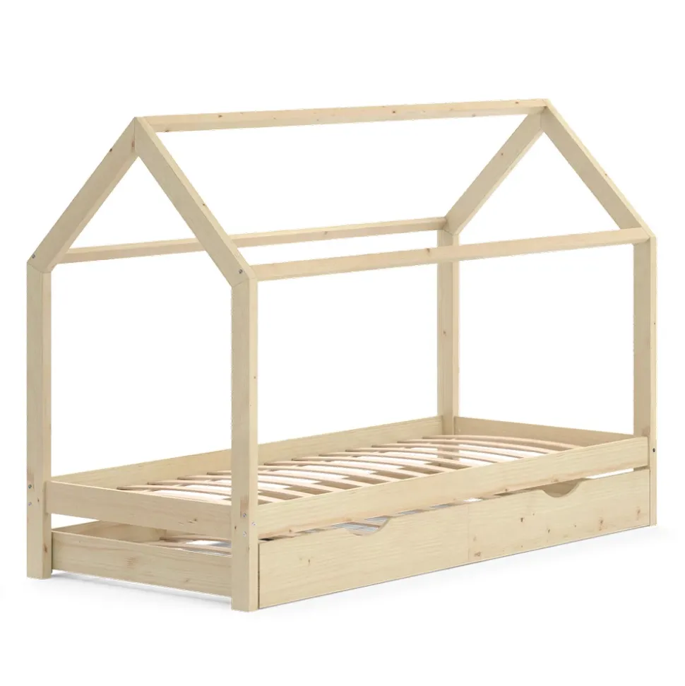 Hausbett Wiki Naturholz 90x200 cm mit Gästebett Vitalispa