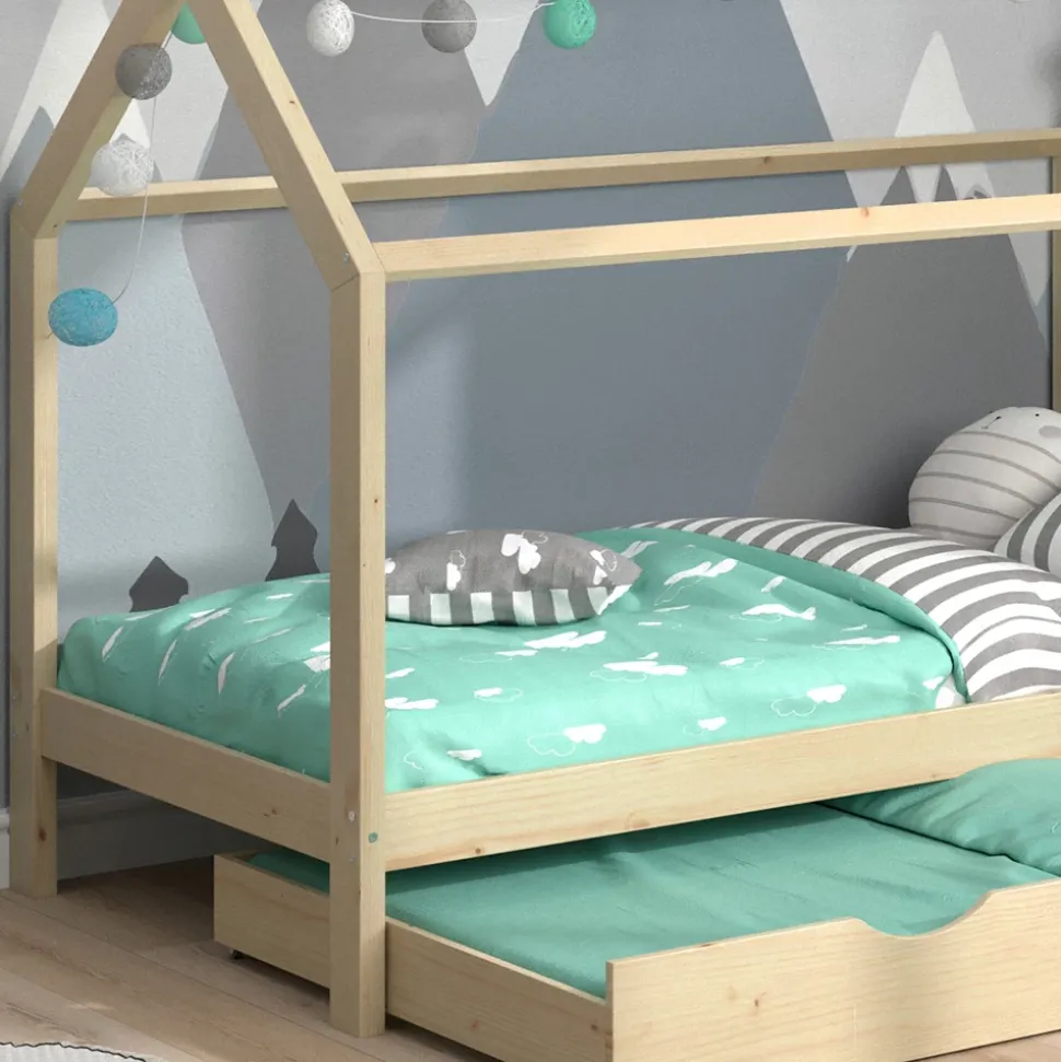 Hausbett Wiki Naturholz 90x200 cm mit Gästebett Vitalispa