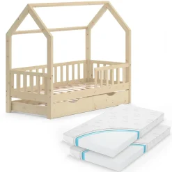 Hausbett Wiki Naturholz 80x160 cm mit Gästebett und 2 Matratzen Vitalispa