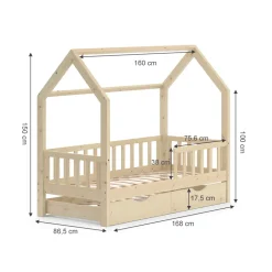 Hausbett Wiki Naturholz 80x160 cm mit Gästebett und 2 Matratzen Vitalispa