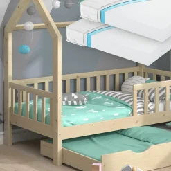 Hausbett Wiki Naturholz 80x160 cm mit Gästebett und 2 Matratzen Vitalispa
