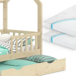Hausbett Wiki Naturholz 80x160 cm mit Gästebett und 2 Matratzen Vitalispa
