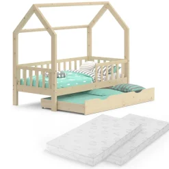 Hausbett Wiki Naturholz 80x160 cm mit Gästebett und 2 Matratzen Vitalispa