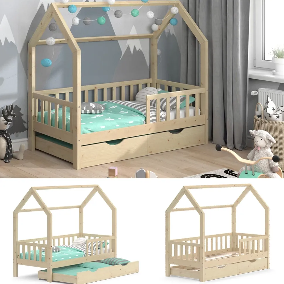 Hausbett Wiki Naturholz 80x160 cm mit Gästebett Vitalispa