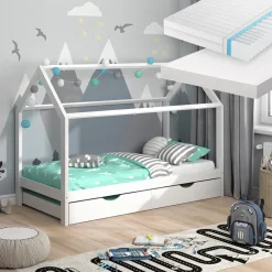 Hausbett Wiki Weiß 90x200 cm mit Gästebett und 2 Matratzen Vitalispa