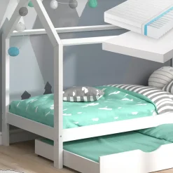 Hausbett Wiki Weiß 90x200 cm mit Gästebett und 2 Matratzen Vitalispa
