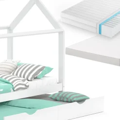 Hausbett Wiki Weiß 90x200 cm mit Gästebett und 2 Matratzen Vitalispa
