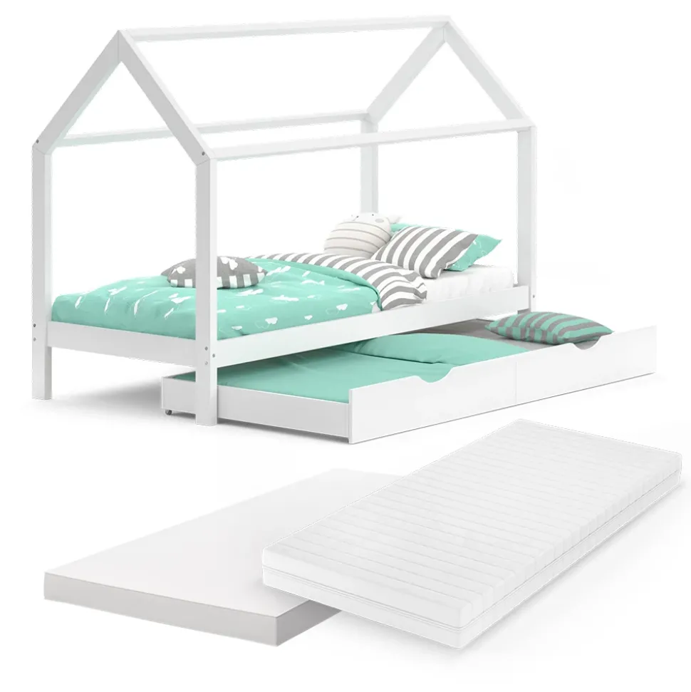 Hausbett Wiki Weiß 90x200 cm mit Gästebett und 2 Matratzen Vitalispa