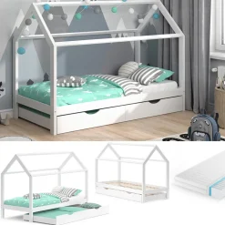Hausbett Wiki Weiß 90x200 cm mit Gästebett und Matratze Vitalispa