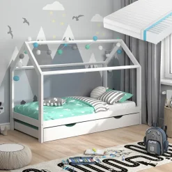 Hausbett Wiki Weiß 90x200 cm mit Gästebett und Matratze Vitalispa