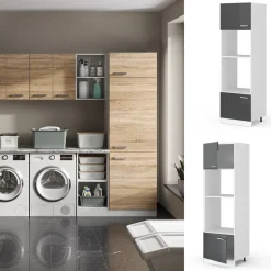 Hochschrank R-Line Anthrazit Hochglanz 60 cm mit offenen Regalen, und Türen Vicco