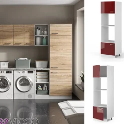 Hochschrank R-Line Bordeaux Hochglanz 60 cm mit offenen Regalen, und Türen Vicco