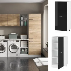 Hochschrank R-Line Schwarz Hochglanz 60 cm mit offenen Regalen, und Tür Vicco