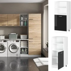 Hochschrank R-Line Schwarz Hochglanz 60 cm mit offenen Regalen, und Tür Vicco