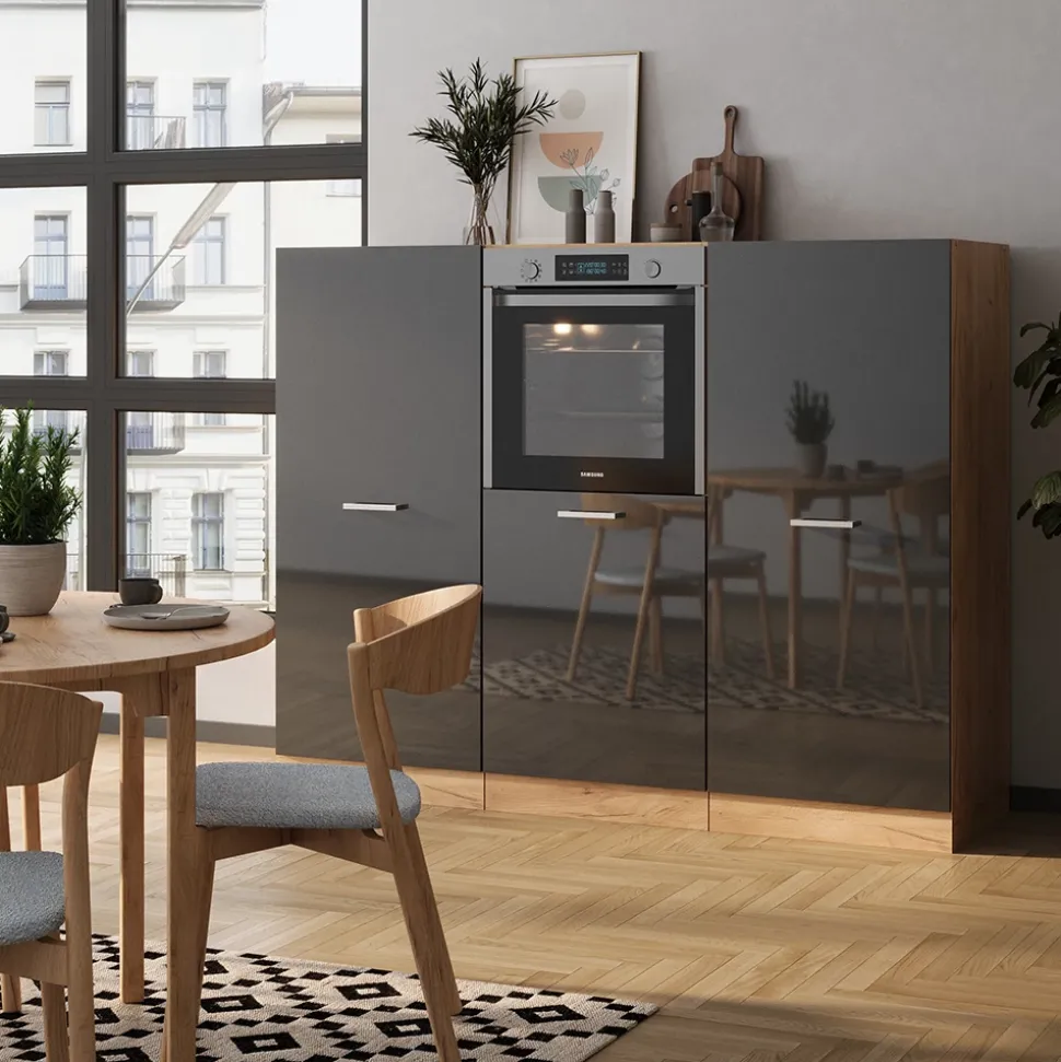 Küchenblock R-Line Anthrazit Hochglanz/Goldkraft Eiche 180 cm ohne Arbeitsplatte Vicco