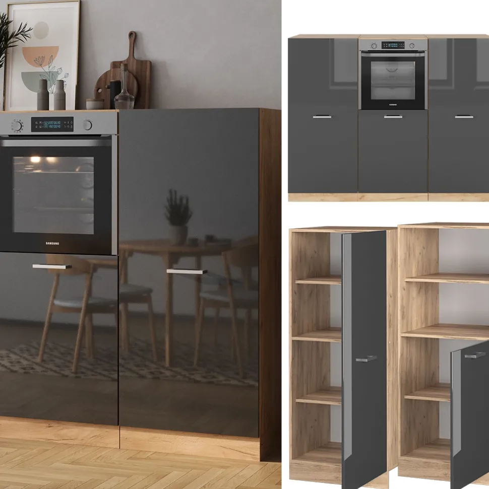 Küchenblock R-Line Anthrazit Hochglanz/Goldkraft Eiche 180 cm ohne Arbeitsplatte Vicco
