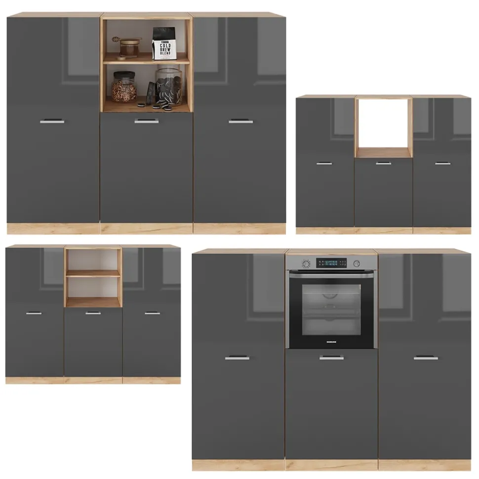 Küchenblock R-Line Anthrazit Hochglanz/Goldkraft Eiche 180 cm ohne Arbeitsplatte Vicco