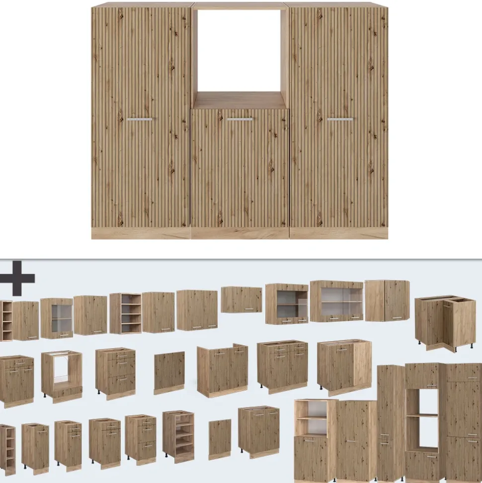 Küchenblock R-Line Artisan-Eiche/Goldkraft Eiche 180 cm ohne Arbeitsplatte Vicco