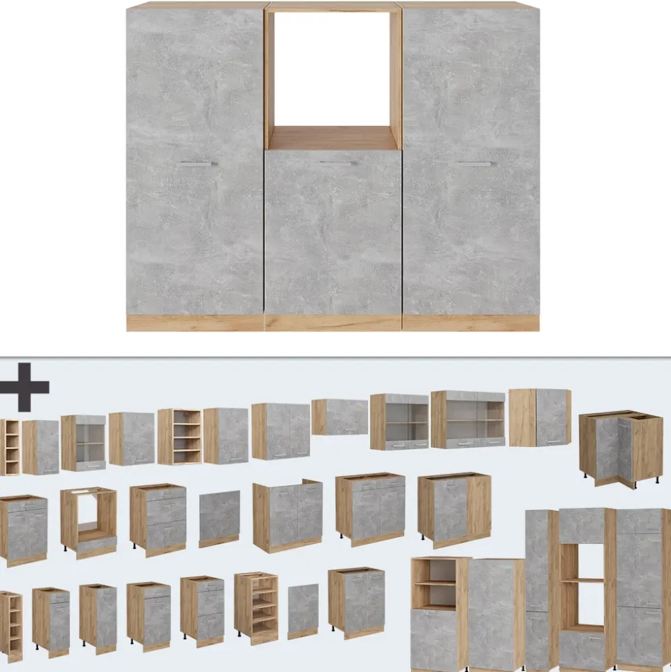 Küchenblock R-Line Beton/Goldkraft Eiche 180 cm ohne Arbeitsplatte Vicco