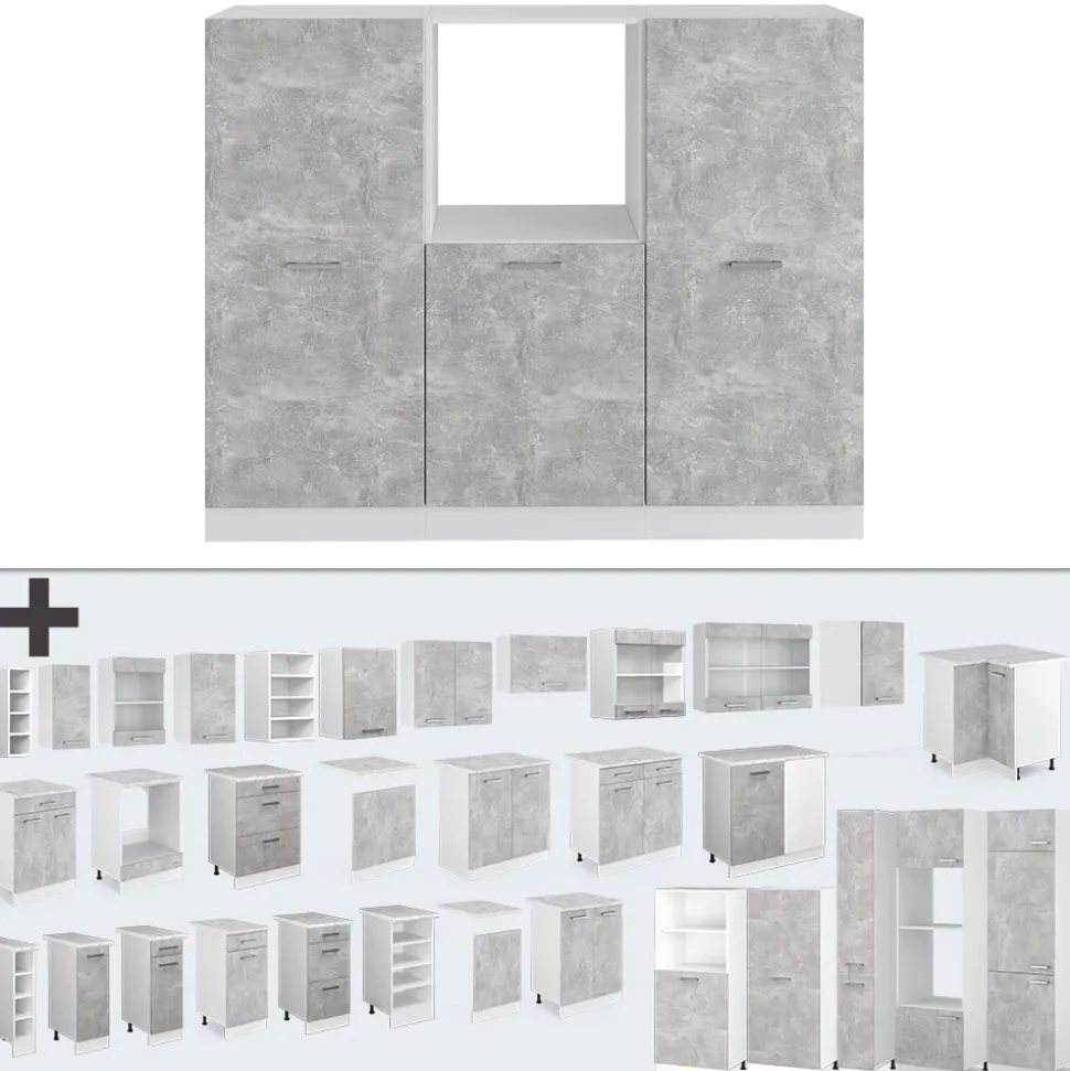 Küchenblock R-Line Beton/Weiß 180 cm ohne Arbeitsplatte Vicco